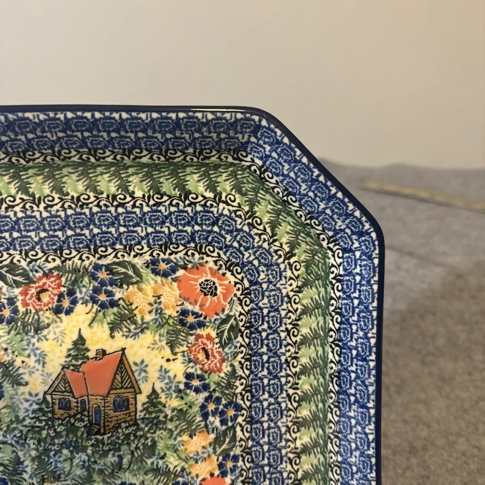 Polish Pottery Square Platter  Cabin Meadow UNIKAT 4018 Signd M. Starzyk Poland